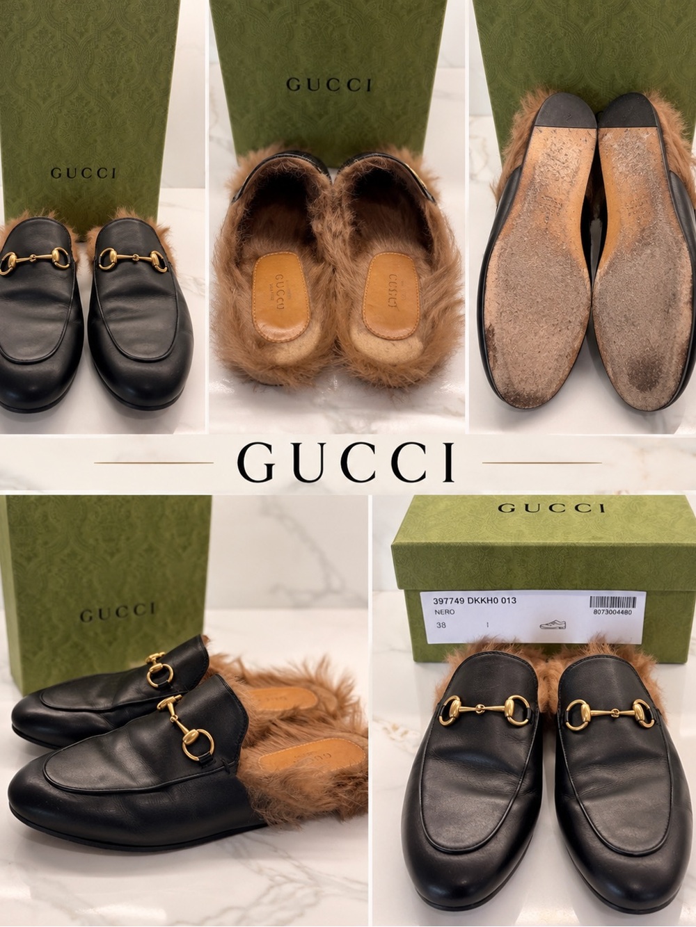 Gucci Black Leather Fur-Lined Horsebit Mule 38